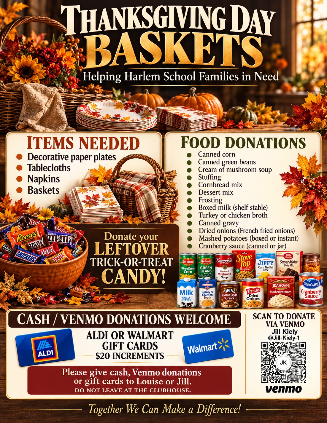 Thanksgiving Day Baskets flyer listing items needed, food donations and Venmo, cash or gift card donations